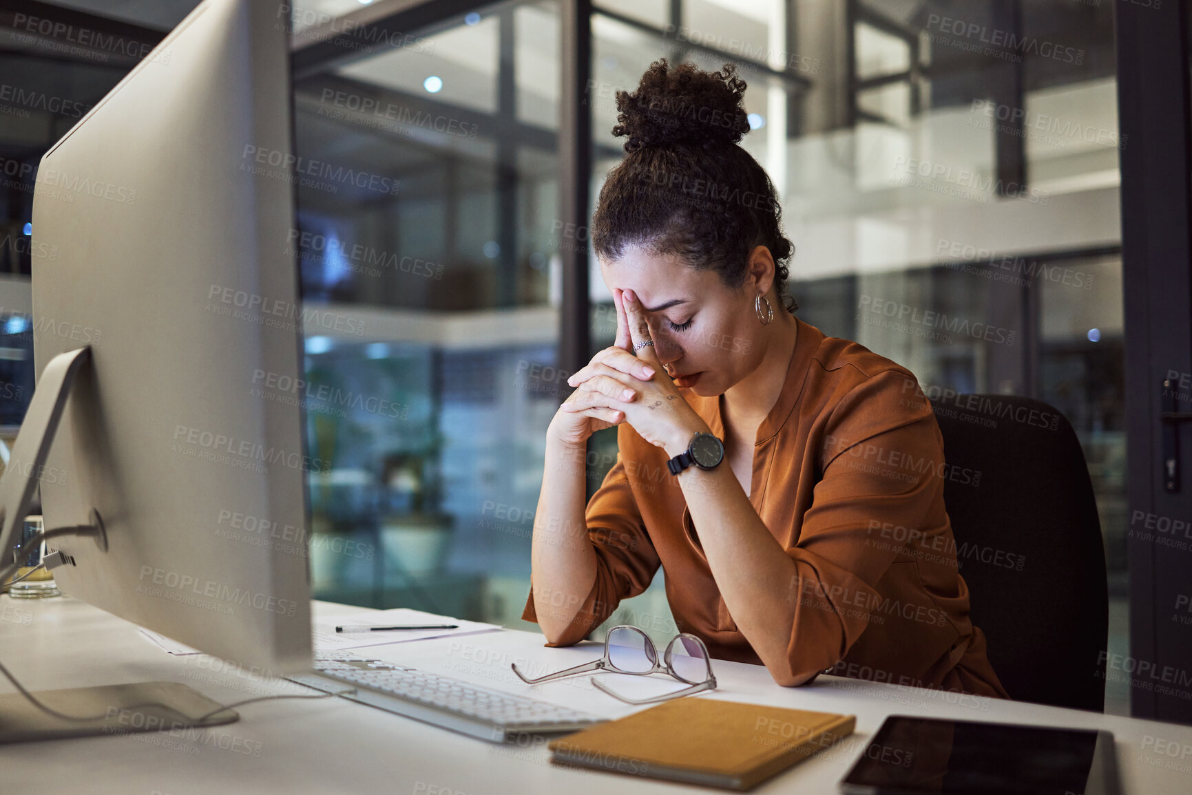 Buy stock photo Headache, business woman at night and computer stress while working for a deadline with pc glitch. Sad corporate manager with anxiety about target working at desk screen late to complete task online