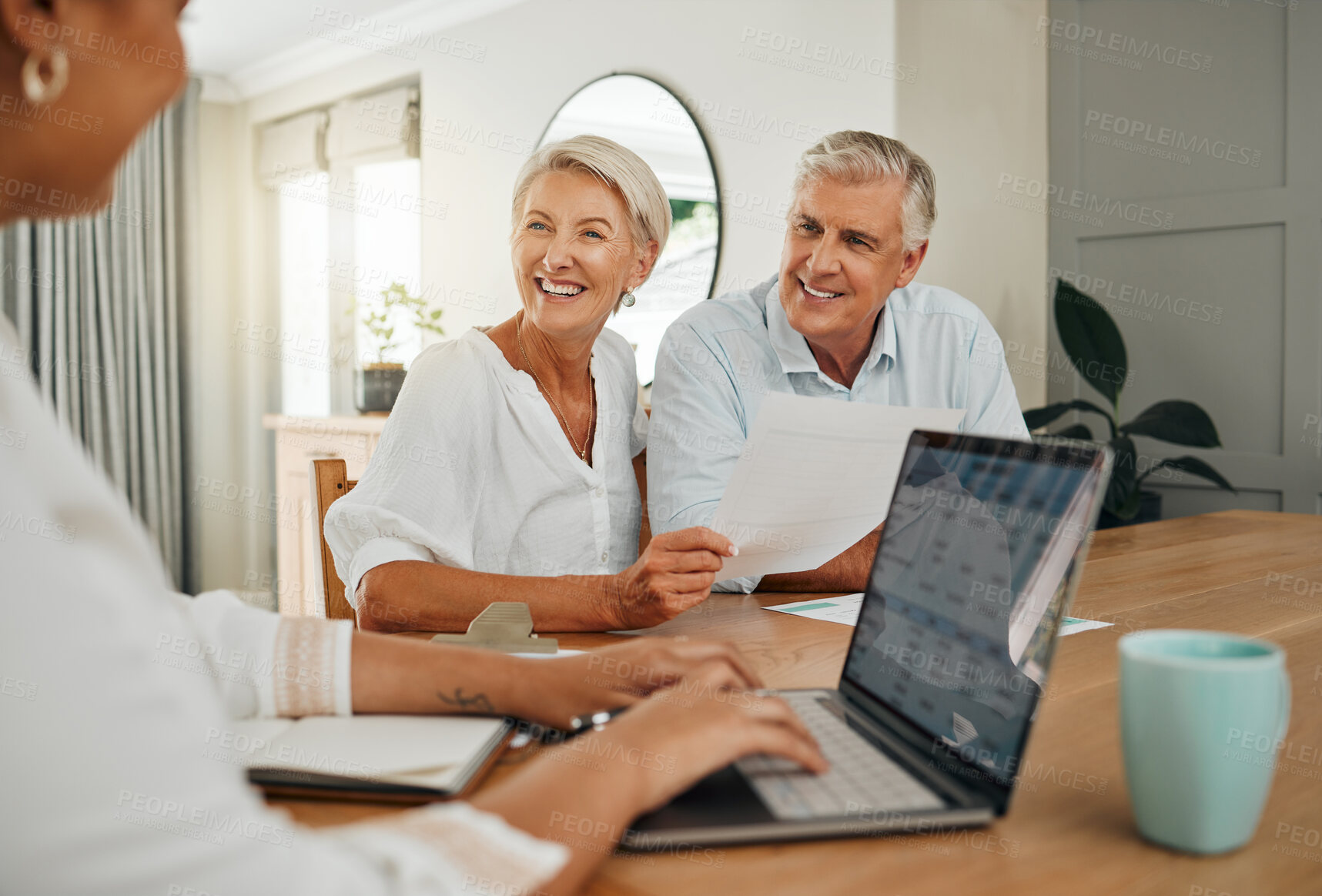 Buy stock photo Retirement, savings and couple planning finance, insurance and investments in living room. Man and woman and seniors communication, talking and discuss wealth with internet banking and laptop at home