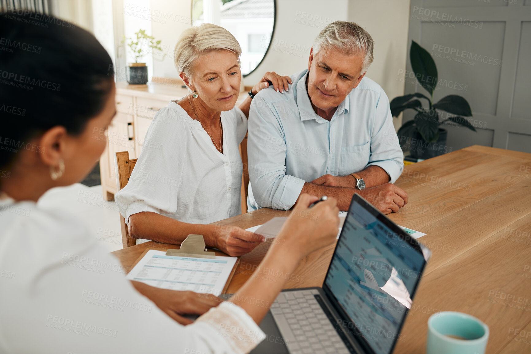 Buy stock photo Financial advisor consultation with clients on retirement, finance planning or investment and document on laptop screen. Accountant woman, senior people and pension advice, asset management or budget