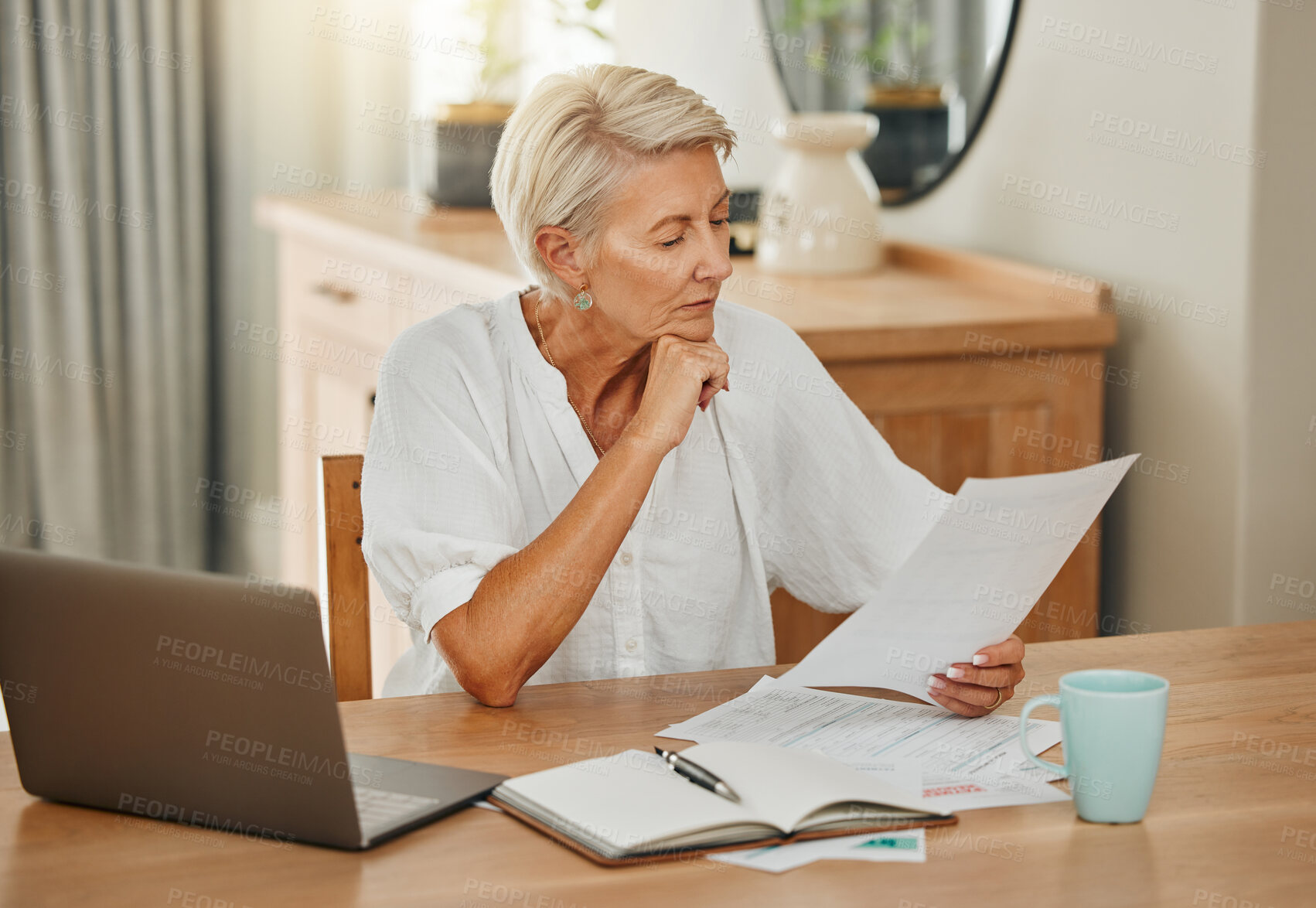 Buy stock photo Senior woman, debt and laptop bills payment for loan budget and retirement finance paperwork at home. Retired Ukraine elderly person reading pension, loan and mortgage savings financial bank report