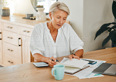 Buy stock photo Schedule, documents and finance with a senior woman planning for her future retirement with savings, investment and wealth. Notebook, writing and laptop with an elderly female pensioner at home