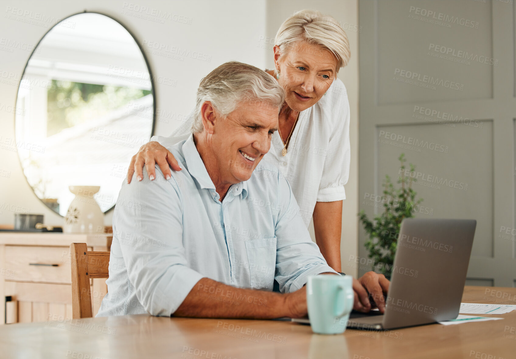 Buy stock photo Retirement, happy and search with couple on laptop for online shopping, video call or social media news. Relax, internet and streaming with elderly man and old woman with technology and digital