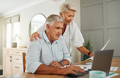 Buy stock photo Senior couple with laptop for life insurance documents, home retirement planning or investment with online ecommerce website or banking. Elderly people with tax paperwork, pension or asset management