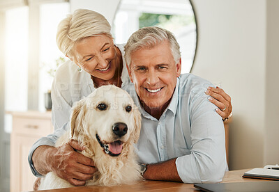 Buy stock photo Senior couple, happy dog and smile of people in a home with quality time together. Animal love and happiness of elderly people with a pet golden retriever hug portrait in a house relax in retirement