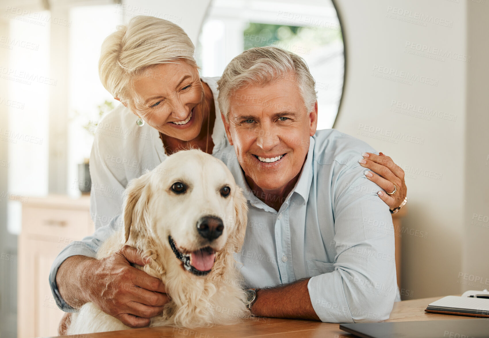 Buy stock photo Senior couple, happy dog and smile of people in a home with quality time together. Animal love and happiness of elderly people with a pet golden retriever hug portrait in a house relax in retirement