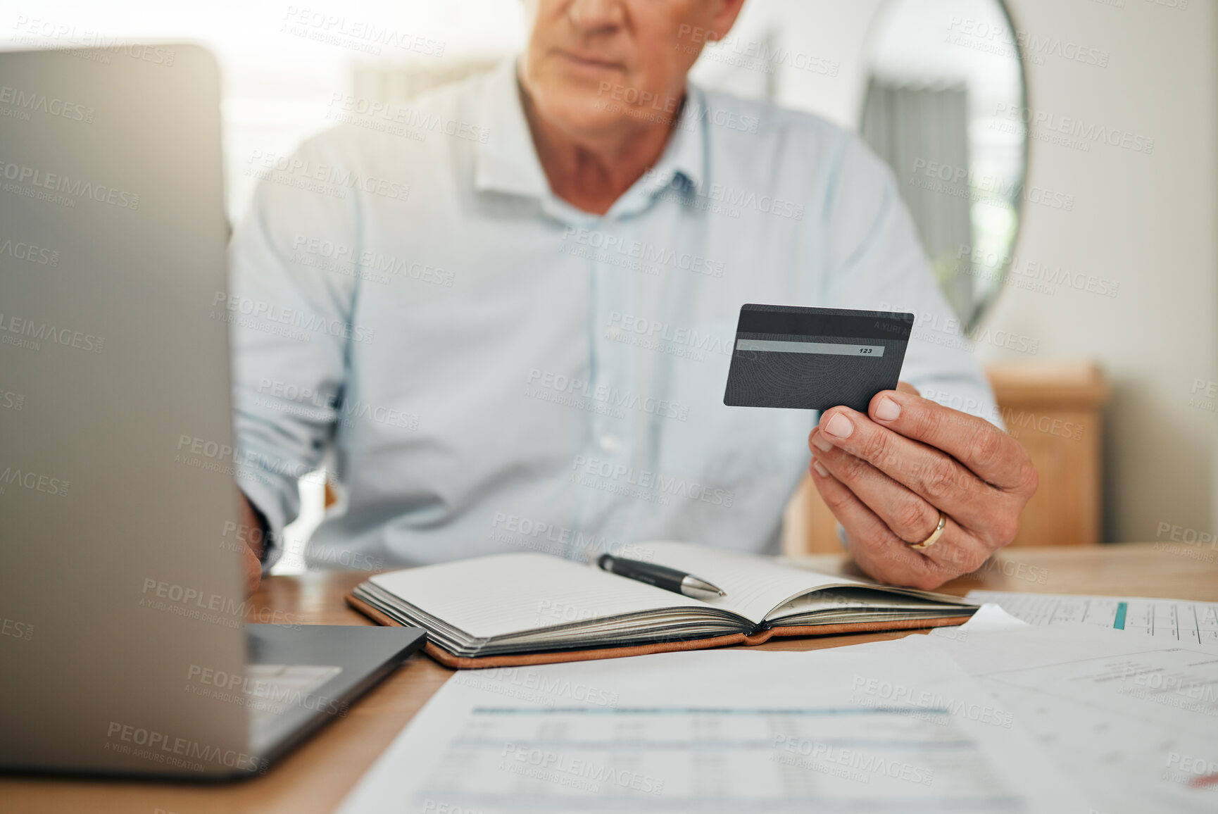 Buy stock photo Credit card, online shopping senior man or banking with laptop, internet or web for audit, bills or tax payment at home. Elderly with ecommerce for shopping, trading or retirement investment planning