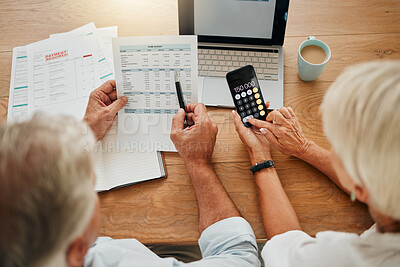 Buy stock photo Home budget, finance planning and senior couple calculating their expenses, bills or income during retirement with a calculator, laptop and paper documents from behind. Man and woman discuss savings