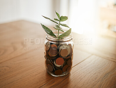 Buy stock photo Growth, investment and economy with money and plant in a glass for financial, cash and savings planning. Future, sustainability and cash for budget, investing and finance with coins in a jar