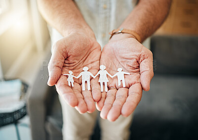 Buy stock photo Support, care and hands with paper family for security, help or safety protection of mom, dad and children. Kindness, solidarity and palm of man with hope, trust or silhouette of big family insurance