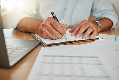 Buy stock photo Financial planning, finance report and businessman writing notes about payment at desk in office at work. Hands of corporate accountant working on accounting management and tax in notebook at table