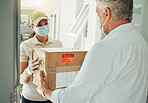 Online delivery worker, ecommerce box transport to door and with a mask on face during the covid pandemic. E commerce shopping industry, retail courier shipping service and safe package distribution 