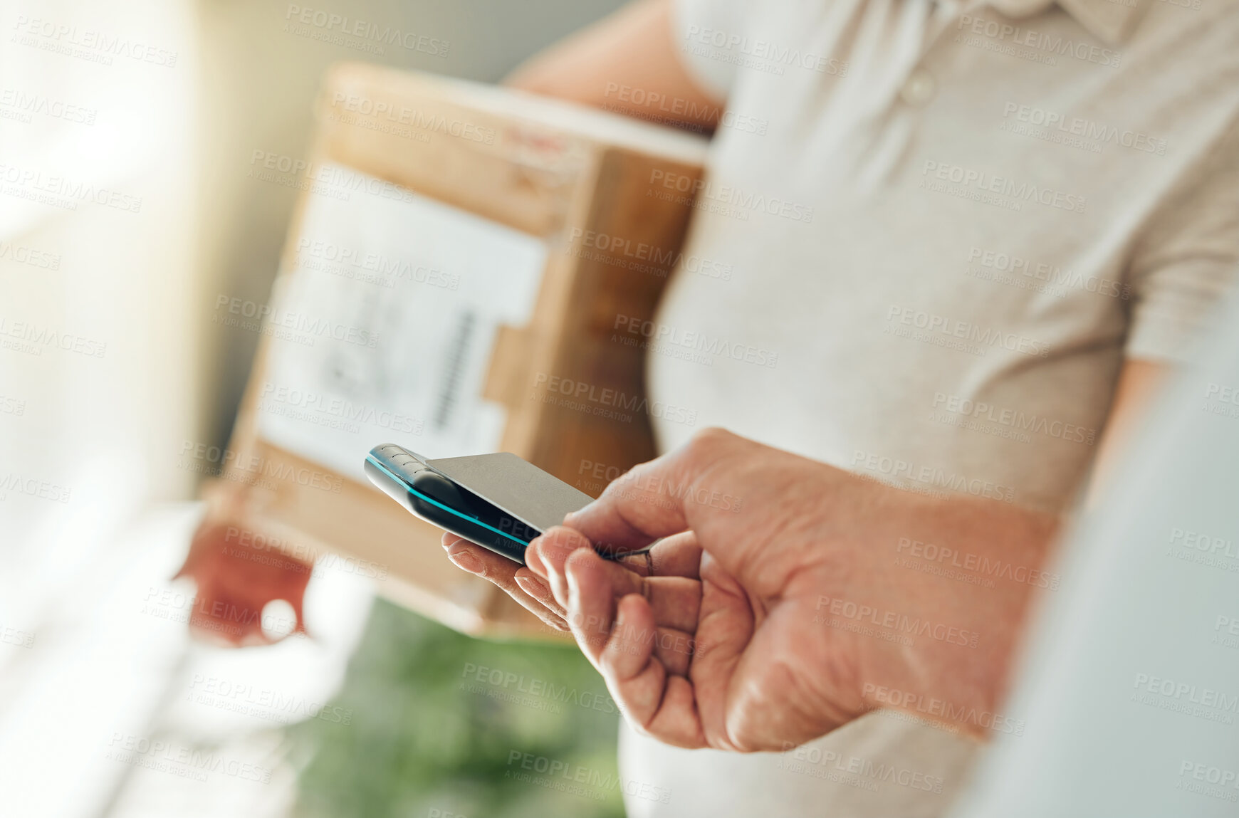 Buy stock photo Delivery man hand, credit card or fintech payment for courier, online shopping or commerce service with ecommerce or safe distribution industry. Zoom of 5g e-commerce, tech sale or digital shipping