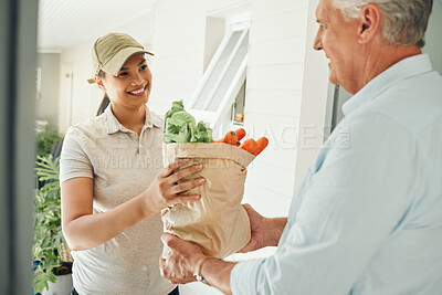 Buy stock photo Home delivery service, fresh vegetables and customer paper bag logistics of healthy groceries at front door house. Happy woman courier giving organic grocery shopping package to senior consumer man