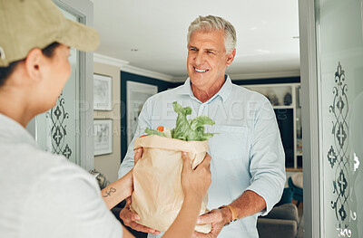 Buy stock photo Food delivery, home grocery and courier giving food from supermarket to senior man at door of house. Elderly customer happy at entrance of home for healthy groceries in bag from retail worker