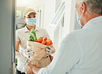 Food delivery, virus and old man in face mask during covid collecting grocery and healthy vegetables at home. Pandemic volunteer giving elderly person groceries at the front door for community work