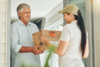 Buy stock photo Door delivery, courier box and people for e commerce service with trust, care and safe distribution industry. Shipping package in cardboard package for stock management or logistics home supply chain