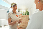 Woman, smile and grocery delivery for old woman from supermarket. Health, shopping and female with elderly lady customer at home entrance, healthy food and groceries bag from retail store courier.