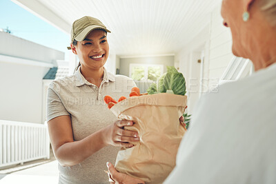 Buy stock photo Woman, smile and grocery delivery for old woman from supermarket. Health, shopping and female with elderly lady customer at home entrance, healthy food and groceries bag from retail store courier.