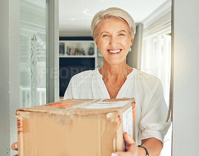 Buy stock photo Senior customer, delivery box and courier service at front door house for e commerce, distribution and shipping. Portrait of elderly woman with cardboard package for logistics, supply chain or stock