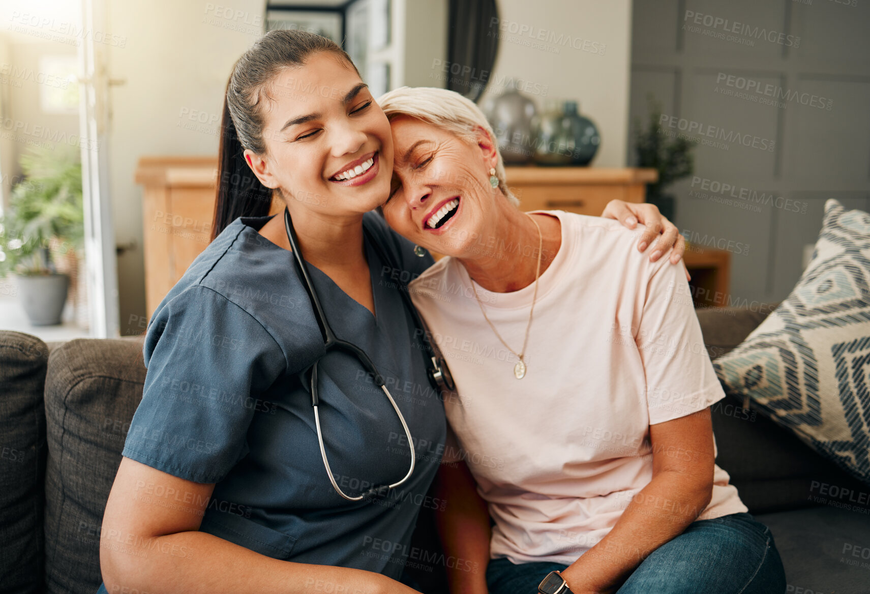 Buy stock photo Senior woman, hug or medical caregiver in house living room in comfort trust, support or security bond. Smile, happy or laughing nursing home retirement elderly and healthcare Brazilian nurse or help