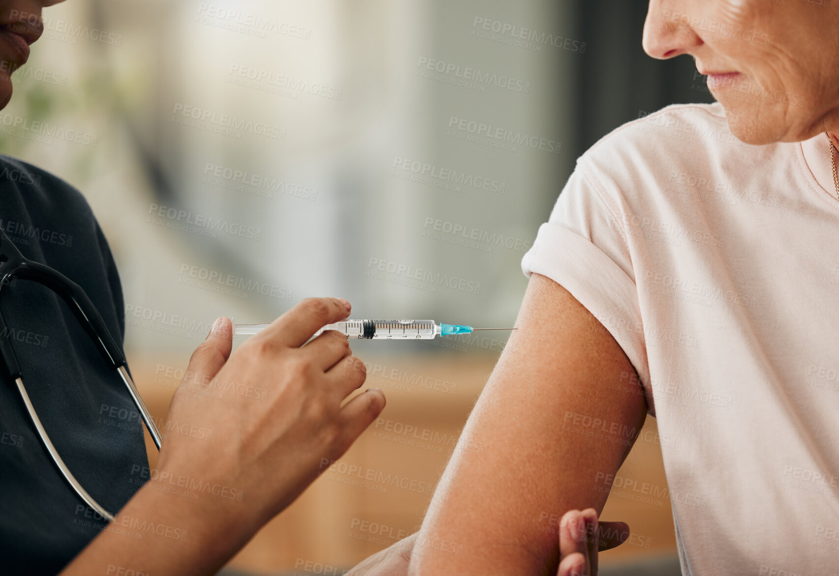 Buy stock photo Covid, hands of nurse vaccine injection and health, safety or corona immunity. Healthcare, covid 19 and medical professional pandemic virus protection, flu or disease prevention with syringe medicine