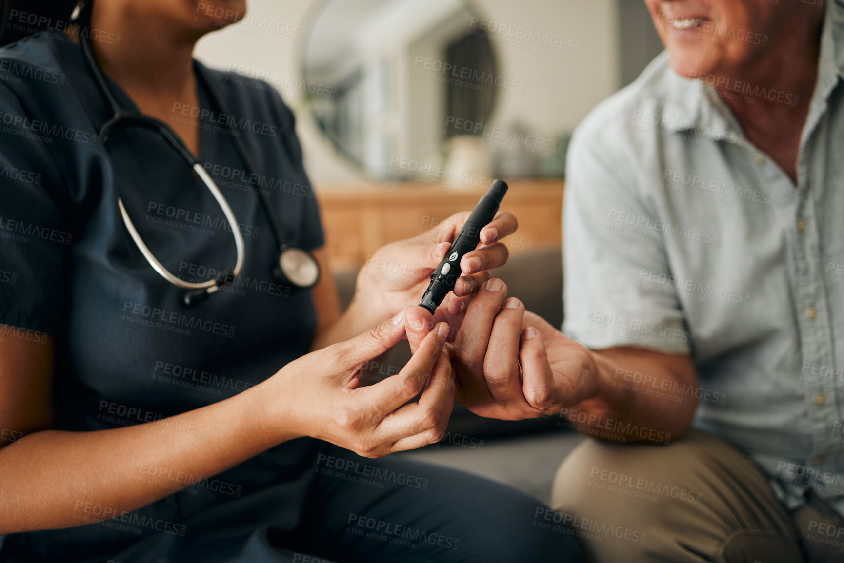 Buy stock photo Blood test, doctor consultation and senior man consulting with healthcare nurse about diabetes. Hands of elderly person and hospital worker doing check on sugar with insulin pen on the sofa of home