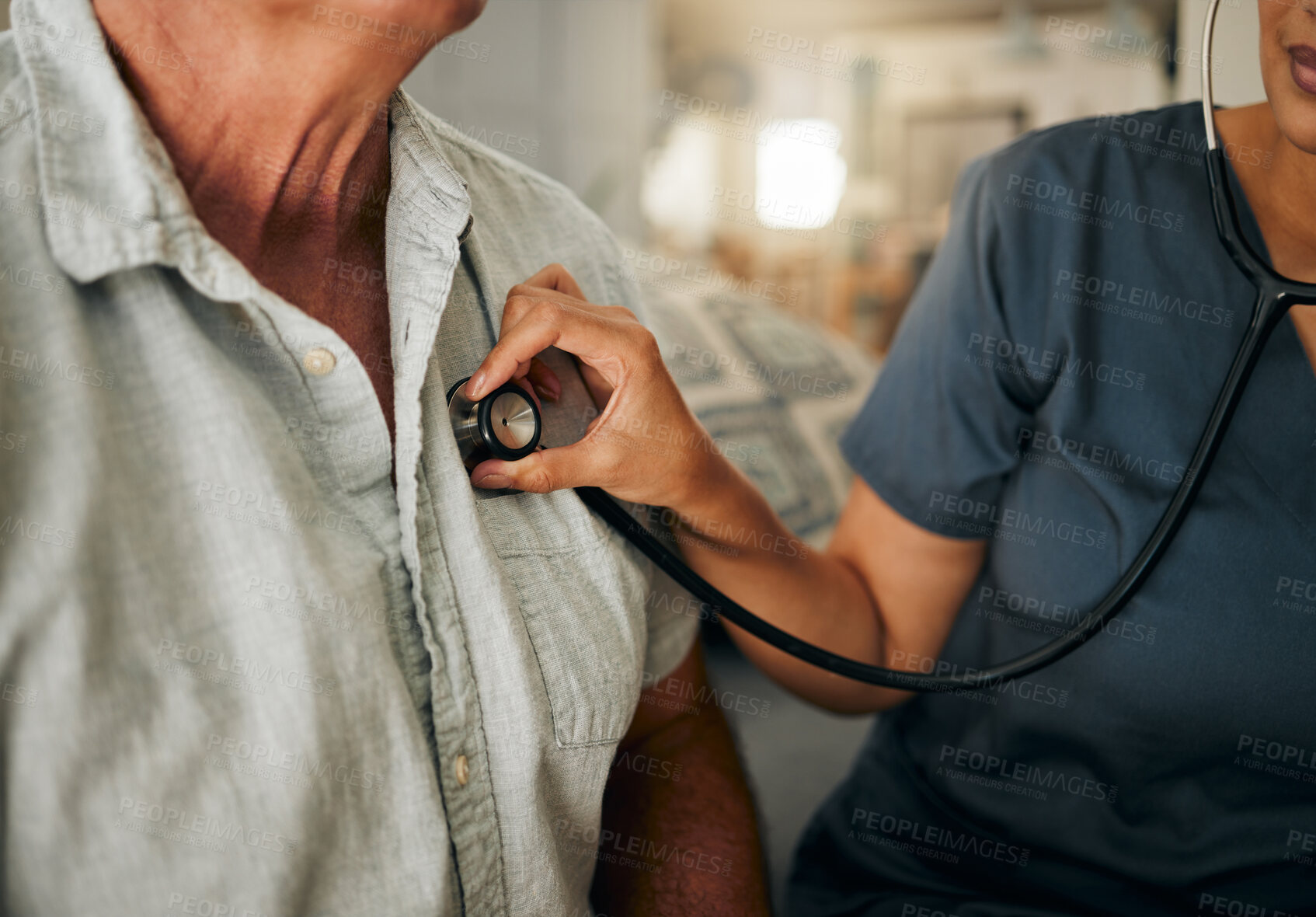 Buy stock photo Doctor, hand and stethoscope of senior care in heart rate check, appointment or cardiology at home. Hands of nurse or healthcare professional checking elderly patient pulse on chest for medical test