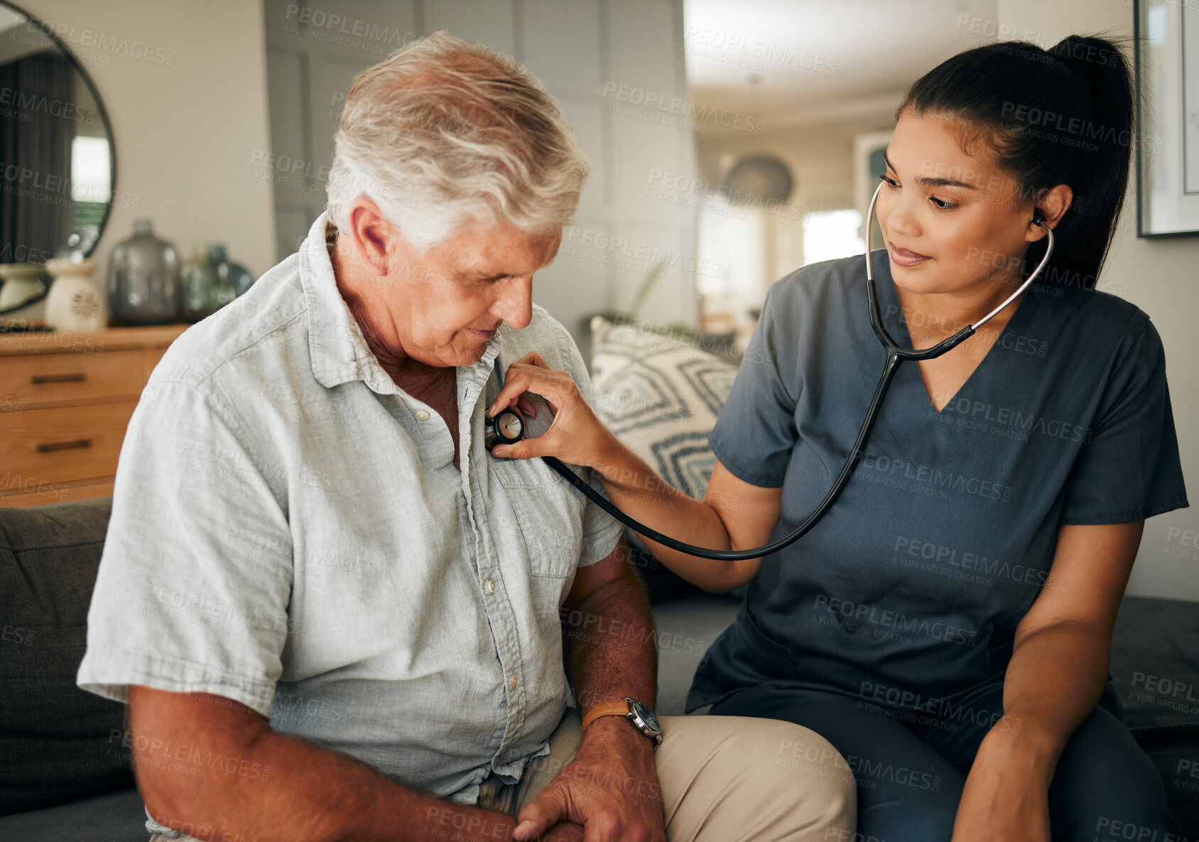 Buy stock photo Healthcare, senior man and woman nurse with stethoscope checking heart rate at retirement home. Health, care and elderly grandpa on living room sofa with lady caregiver on medical visit or house call