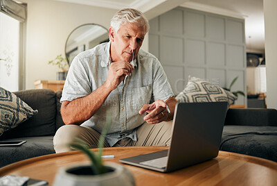 Buy stock photo Covid, telehealth and pcr with senior man on laptop for medical, sick and corona virus test his home sofa. Digital, online tutorial and or healthcare exam with elderly person doing nose check