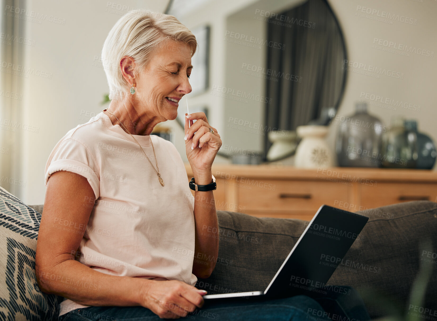 Buy stock photo Covid, laptop and woman does home test in nose swab for results, treatment and online medical advice. Telehealth, coronavirus and female consulting virtual or remote for health, illness and sickness.