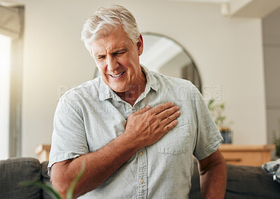 Buy stock photo Senior man, heart attack and stroke at home for emergency health risk, breathing problem and cardiology accident. Sick elderly male with chest pain cancer, cardiovascular disease and heartburn injury