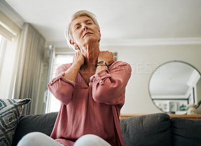 Buy stock photo Senior woman, neck pain and stress in living room home of spine injury, fibromyalgia and osteoporosis. Sick, tired and fatigue lady in orthopedic, arthritis and health problem stretching body muscle