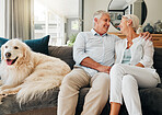 Happy senior couple, with dog in living room, embrace retirement life in Houston and elderly romance together. Old woman married to man, smile on sofa with labrador pet and sweet relationship at home