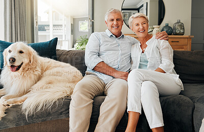 Buy stock photo Retirement couple and portrait in home with pet owner companion relaxing on home sofa in Canada. Senior woman and man in marriage enjoy pension leisure together in living room with friendly dog.
