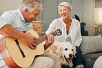 Senior couple, dog and guitar in living room sofa for music, funny singing and relax in lounge in Australia. Happy woman listening to husband man play instrument for pet labrador, retirement and love