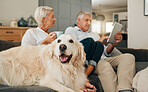 Senior couple, dog and tablet on living room sofa together, relax and happy, love to watch bonding movie at house. Animal pet, smile and Elderly man, woman on tech in lounge relaxing in family home