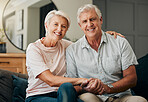 Retirement couple, portrait and relax sofa lounge, love and living room lifestyle together in Australia home. Elderly, senior and happy man, smile woman and pensioners marriage, relationship and care