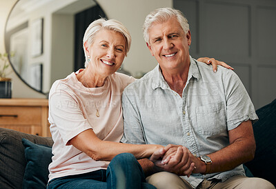 Buy stock photo Retirement couple, portrait and relax sofa lounge, love and living room lifestyle together in Australia home. Elderly, senior and happy man, smile woman and pensioners marriage, relationship and care
