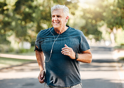 Buy stock photo Senior man running while listening to music outdoor street and park for fitness, wellness or healthy lifestyle with summer lens flare bokeh. Elderly person exercise, workout or jogging with earphones