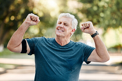 Buy stock photo Running, senior man and success celebration in nature, park or outdoors after winning, target or goal achievement. Workout, sports and health exercise runner, fitness training or marathon race win.