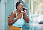 Black woman, phone and happy in city on call outdoor while laughing in street. Woman, smartphone and walking in road, smile and excited to talk to friends on cellphone on travel to San Francisco