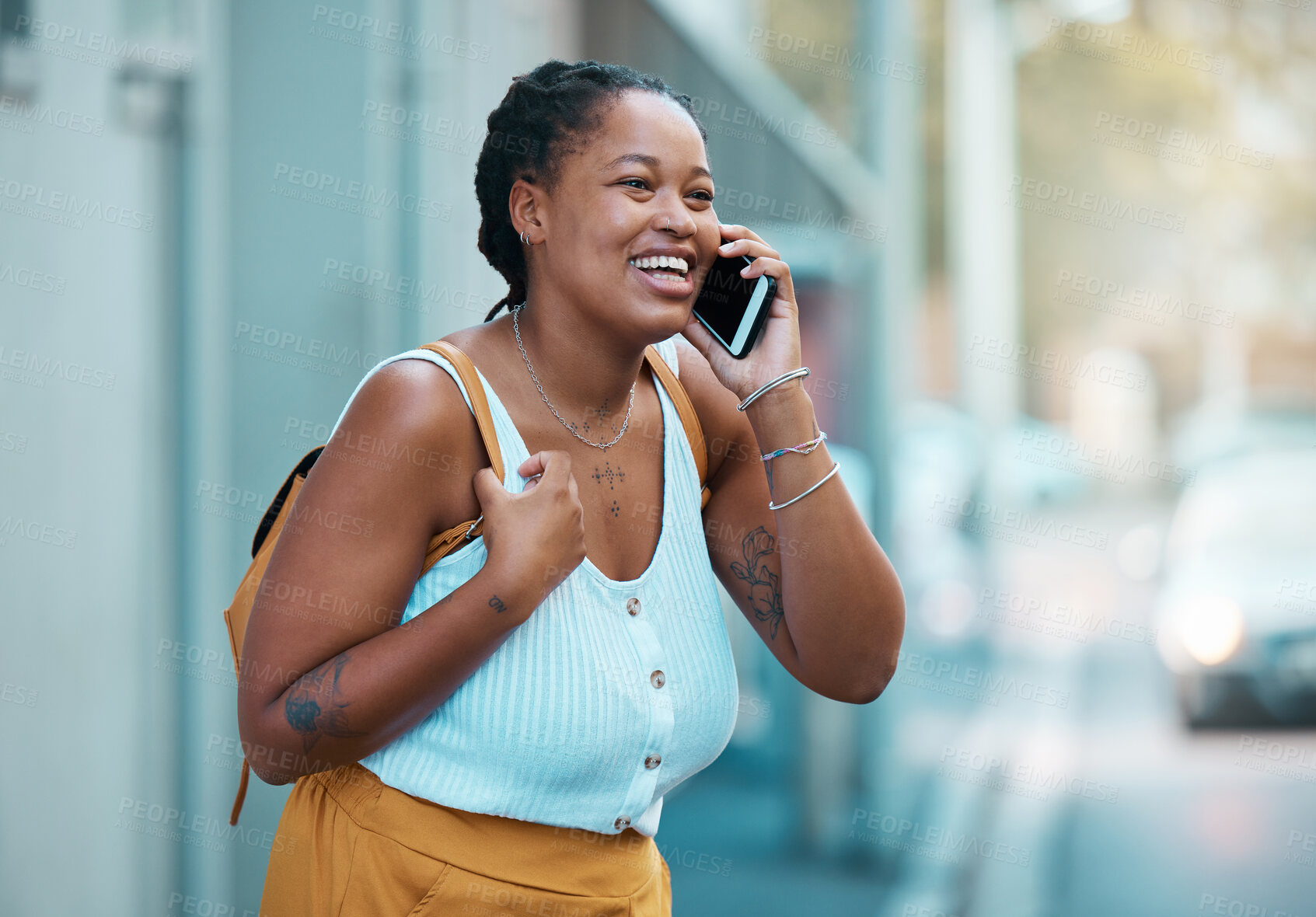 Buy stock photo Black woman, phone and happy in city on call outdoor while laughing in street. Plus size woman, smartphone and walking in road, smile and real excited to talk on cellphone on travel to San Francisco