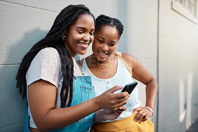 Buy stock photo Black woman friends with smartphone for social media online check, notification post or reading blog for youth, gen z lifestyle. Teenager girl couple with cellphone typing on chat app, 5g networking