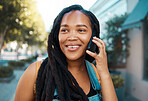 Happy black woman on a street, phone call on smartphone and talking on the pavement by a shop in the city. Smiling african american student, 5g mobile communication and connection for road directions