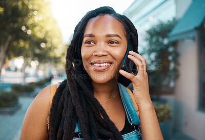 Buy stock photo Happy black woman on the street, phone call on smartphone and talking on the pavement outside in the city. Smiling african american student, 5g mobile communication and connection for road directions