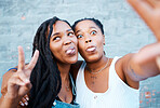 Selfie of black friends in city, happy funny face together and video call technology with 5g network in San Francisco. Cool african women have fun in summer and streaming online social media content