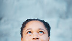 Vision, thinking and face of girl with idea or plan for the future, life or career path. Young gen z person, black woman or teen student with intelligent mind look up with wonder, question and mockup