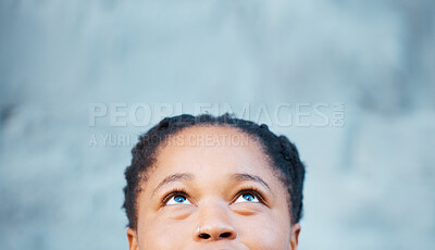 Buy stock photo Vision, thinking and face of girl with idea or plan for the future, life or career path. Young gen z person, black woman or teen student with intelligent mind look up with wonder, question and mockup