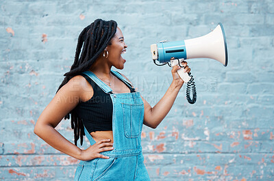 Buy stock photo Megaphone, protest and black woman with speech, rally and announcement for politics, equality and human rights. Feminist, revolution and loud communication with voice shouting for justice and freedom