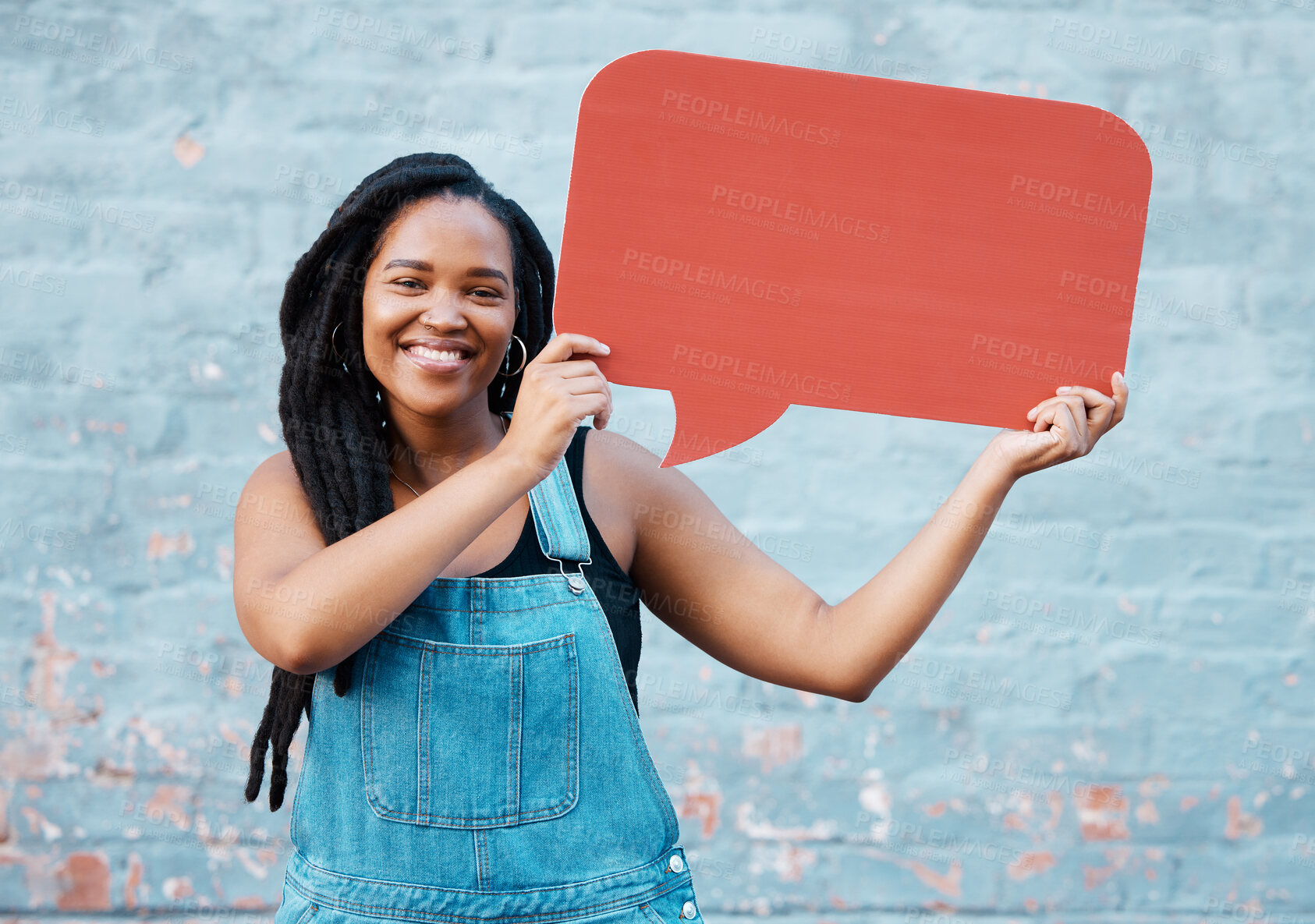 Buy stock photo Girl with speech bubble for social media communication, conversation or web chat on online app. Contact, internet brand marketing and advertising student or black woman smile with mockup chat sign